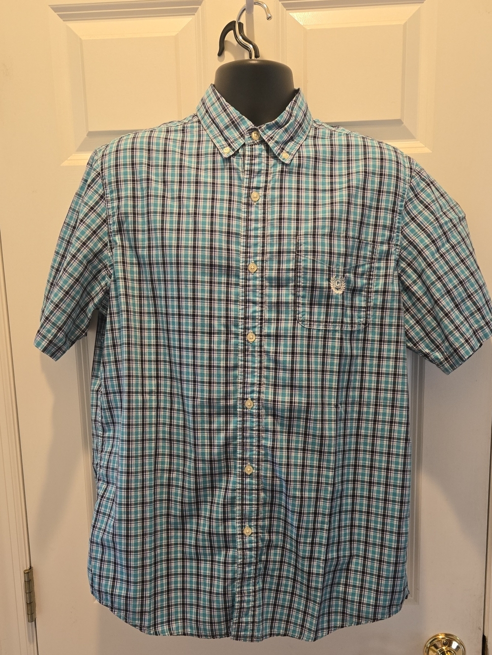 Chaps L Short-Sleeve Button-Down Plaid Shirt - Teal & Navy